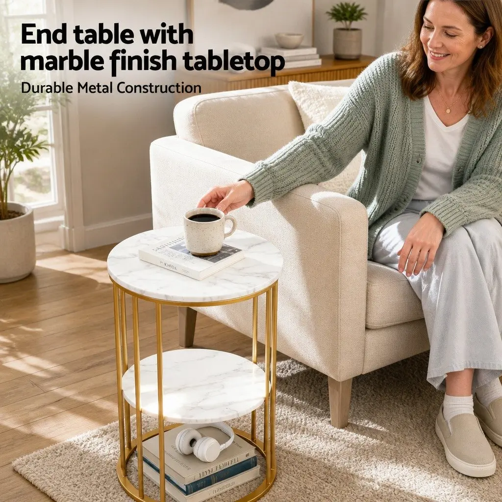 Round Coffee Table Living Room 2-Tier Marble Effect White Gold
