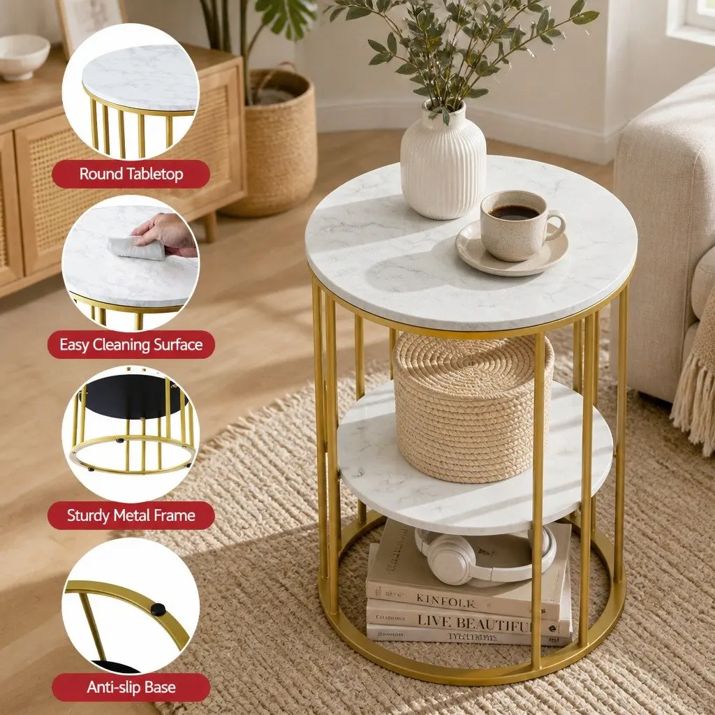 Round Coffee Table Living Room 2-Tier Marble Effect White Gold