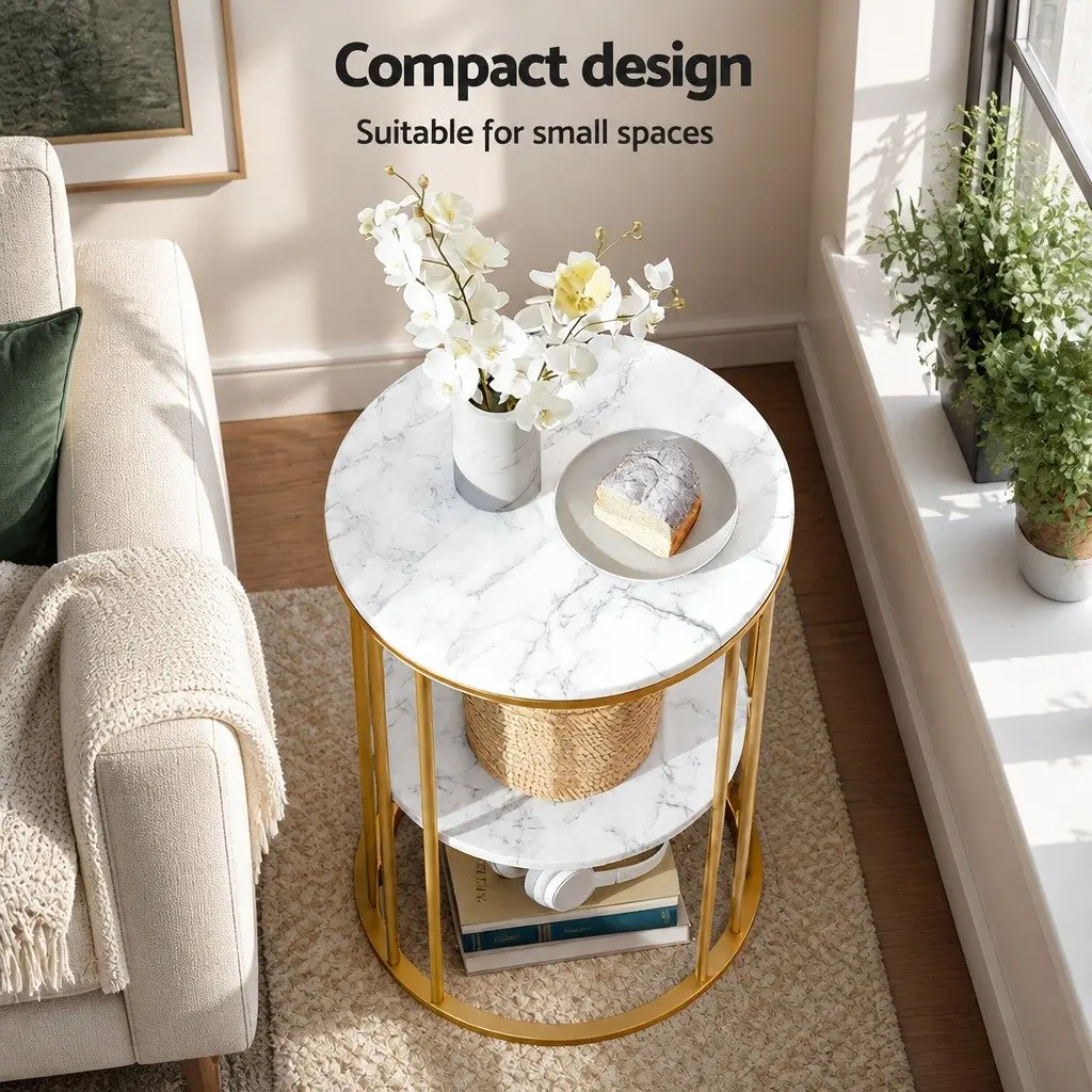 Round Coffee Table Living Room 2-Tier Marble Effect White Gold