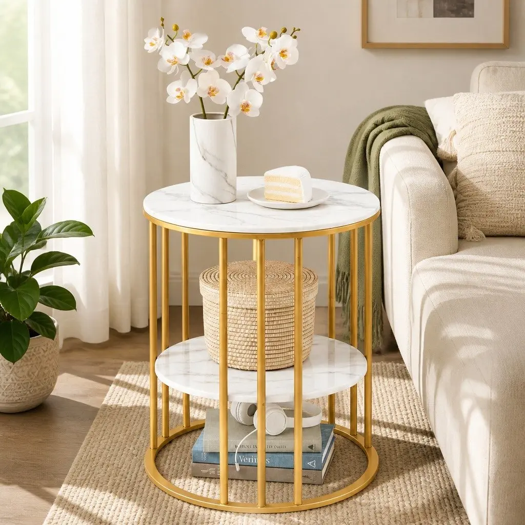 Round Coffee Table Living Room 2-Tier Marble Effect White Gold