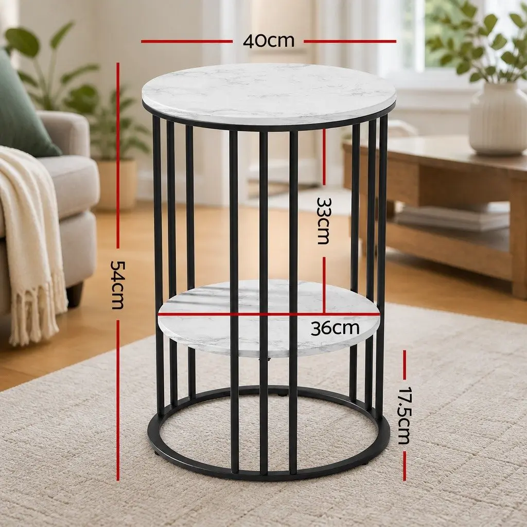 Coffee Table Living Room 2-Tier Round Marble Effect Beige 40cm x 40cm x 54cm