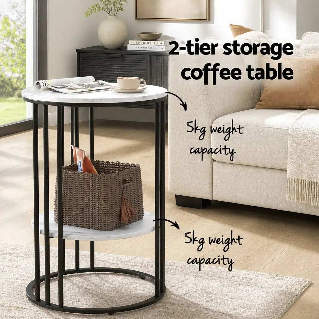 Coffee Table Living Room 2-Tier Round Marble Effect Beige 40cm x 40cm x 54cm