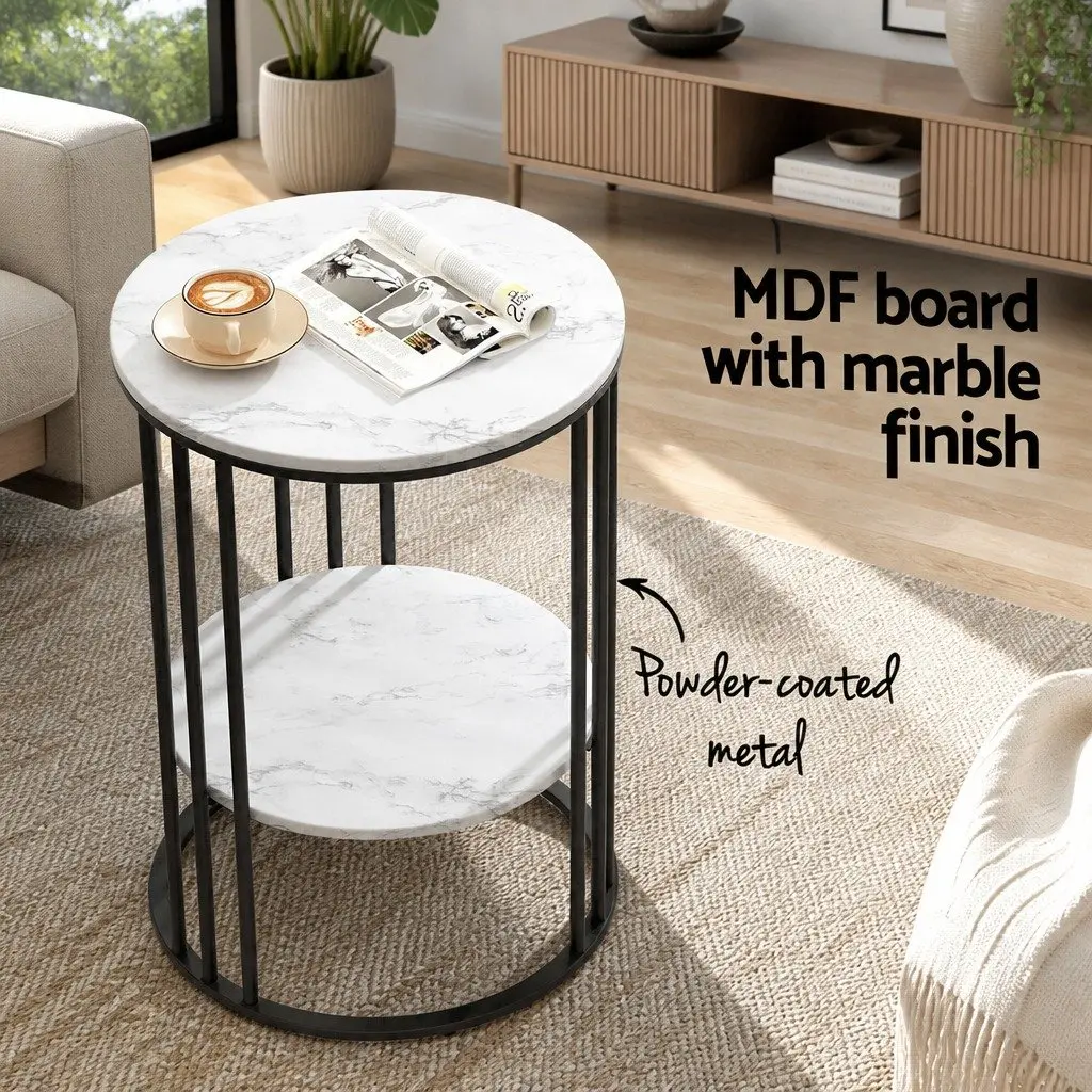 Coffee Table Living Room 2-Tier Round Marble Effect Beige 40cm x 40cm x 54cm
