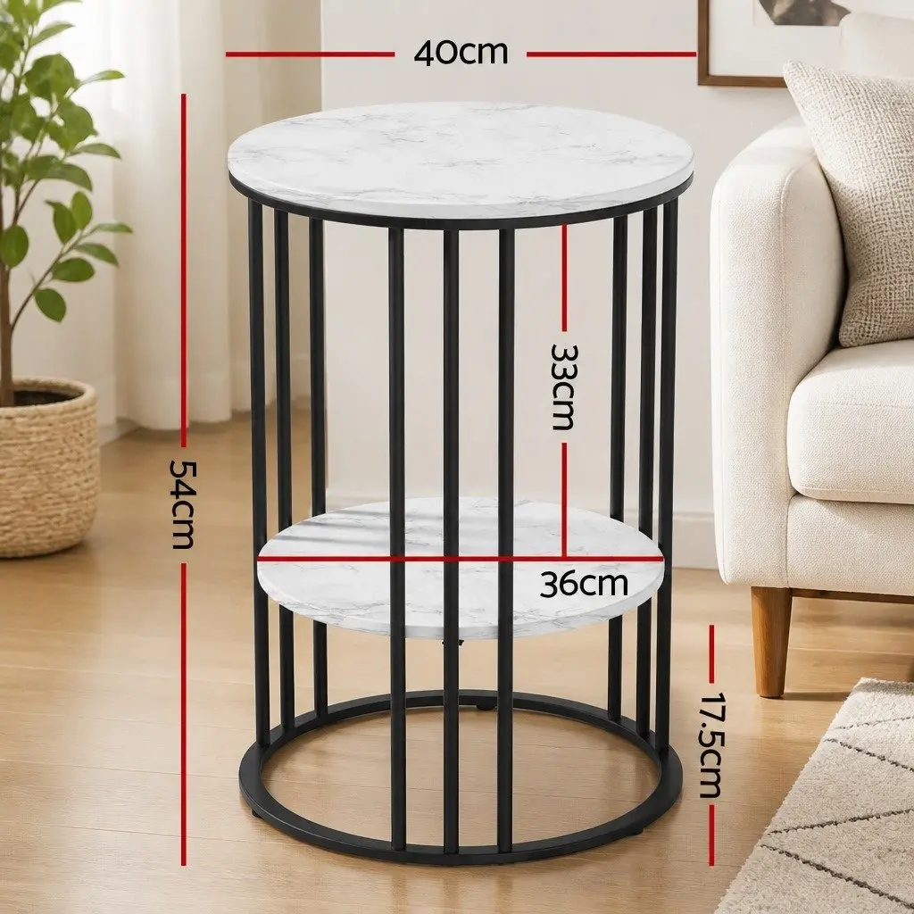 Set of 2 Round Side Tables for Living Room 2-Tier Marble Effect Beige 40cm W x 40cm D x 54cm H