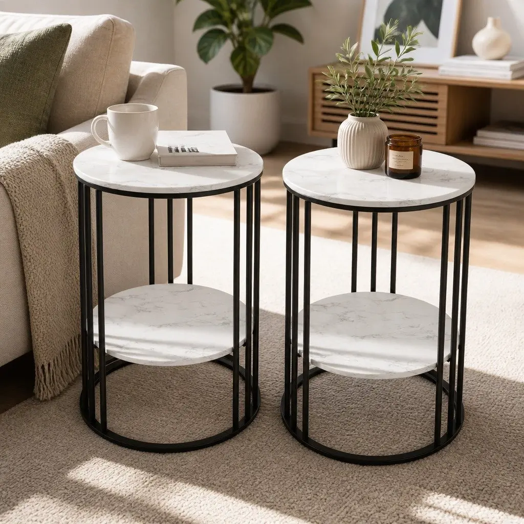 Set of 2 Round Side Tables for Living Room 2-Tier Marble Effect Beige 40cm W x 40cm D x 54cm H