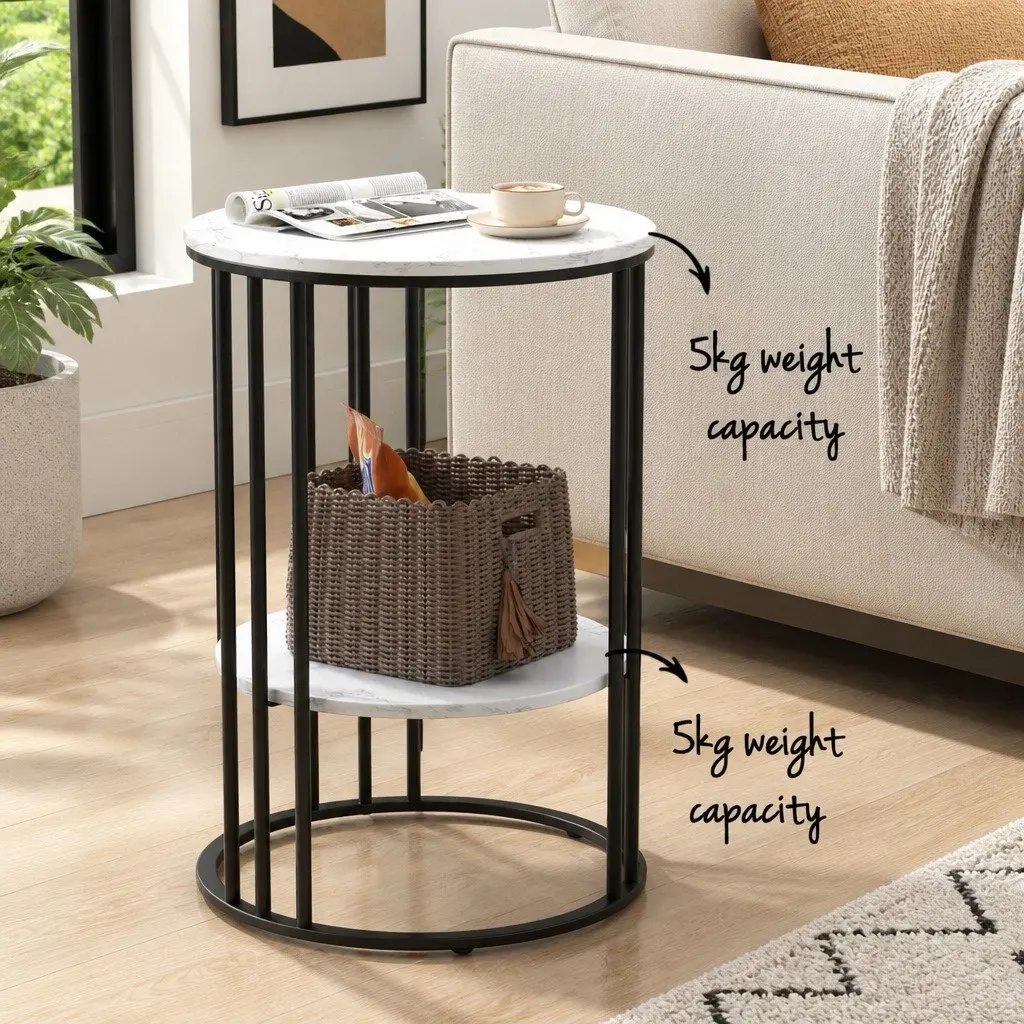 Set of 2 Round Side Tables for Living Room 2-Tier Marble Effect Beige 40cm W x 40cm D x 54cm H