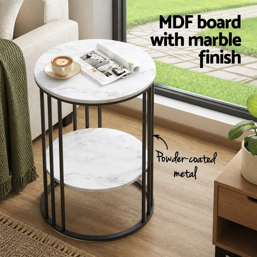 Set of 2 Round Side Tables for Living Room 2-Tier Marble Effect Beige 40cm W x 40cm D x 54cm H