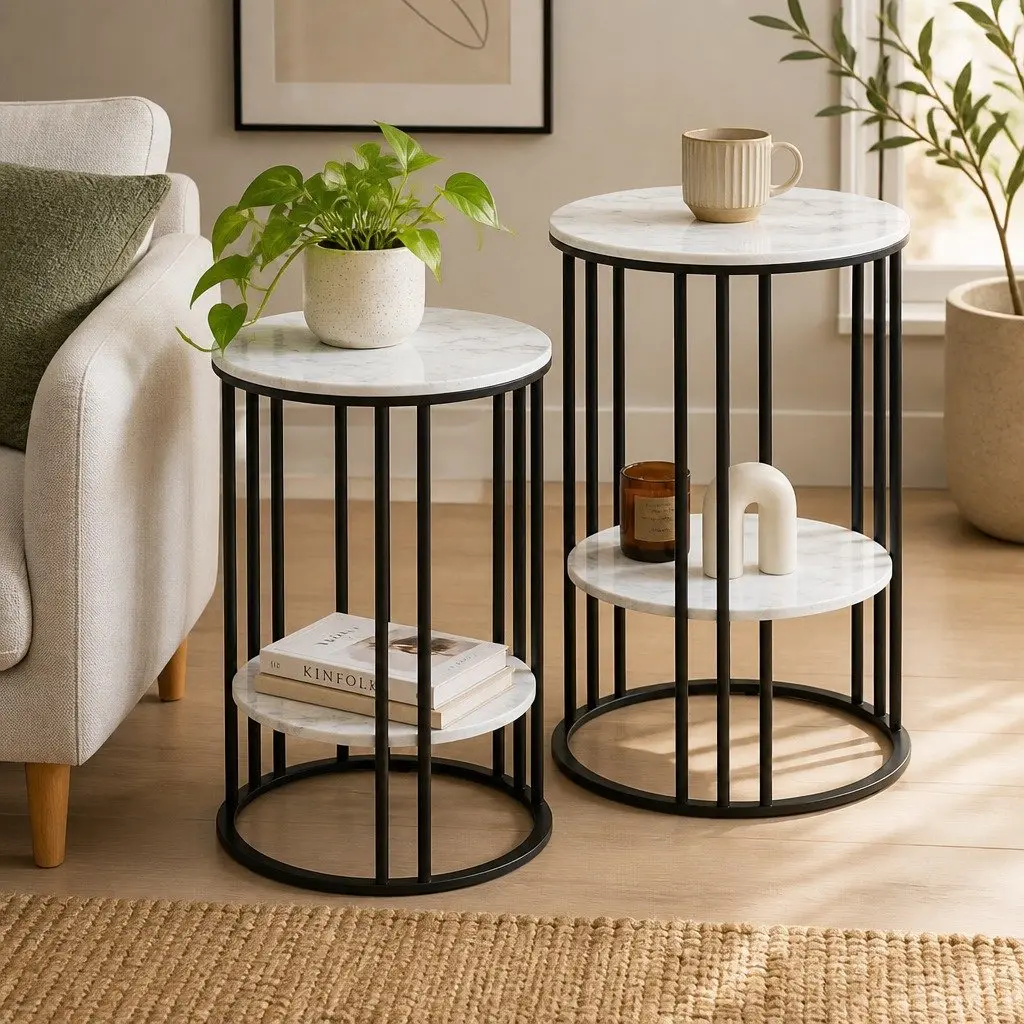 Set of 2 Round Side Tables for Living Room 2-Tier Marble Effect Beige 40cm W x 40cm D x 54cm H