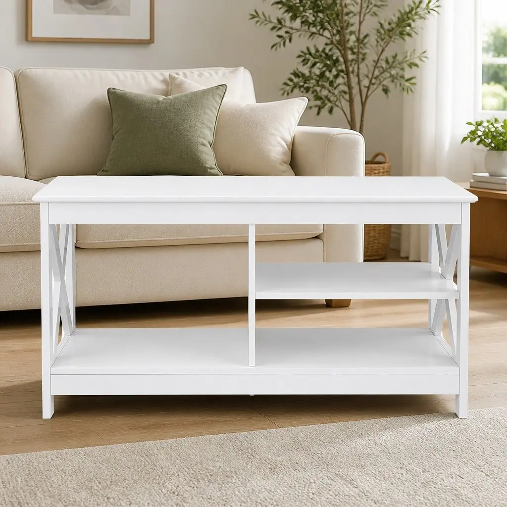 3-Tier Coffee Table Storage White Living Room Furniture Modern Design Shelves