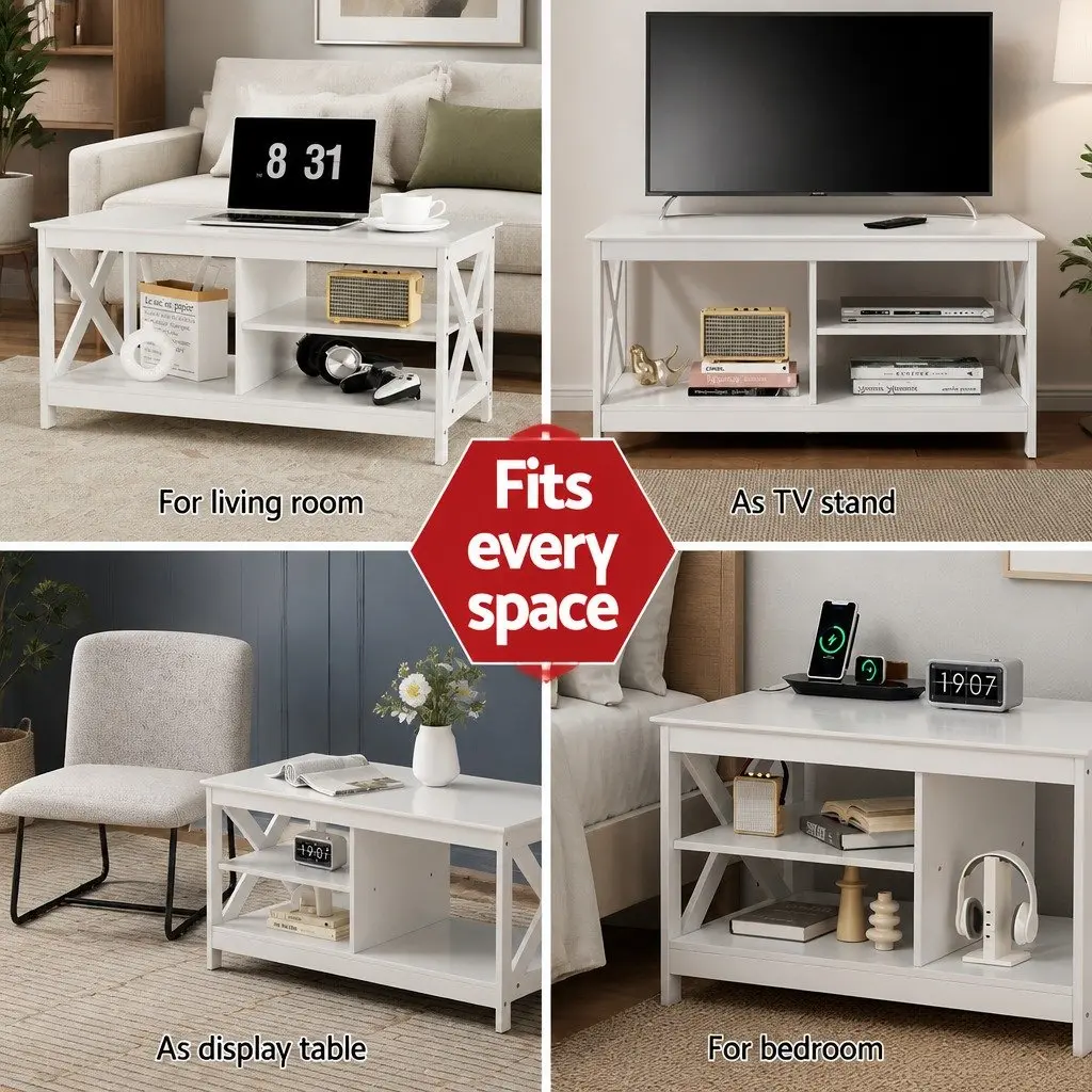 3-Tier Coffee Table Storage White Living Room Furniture Modern Design Shelves