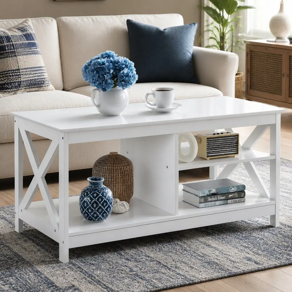 3-Tier Coffee Table Storage White Living Room Furniture Modern Design Shelves