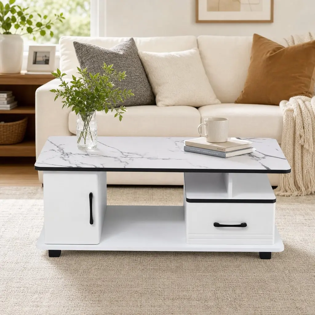 Coffee Table Living Room 100cm x 48cm x 41cm White Marble Top with Storage Drawer and Open Shelves
