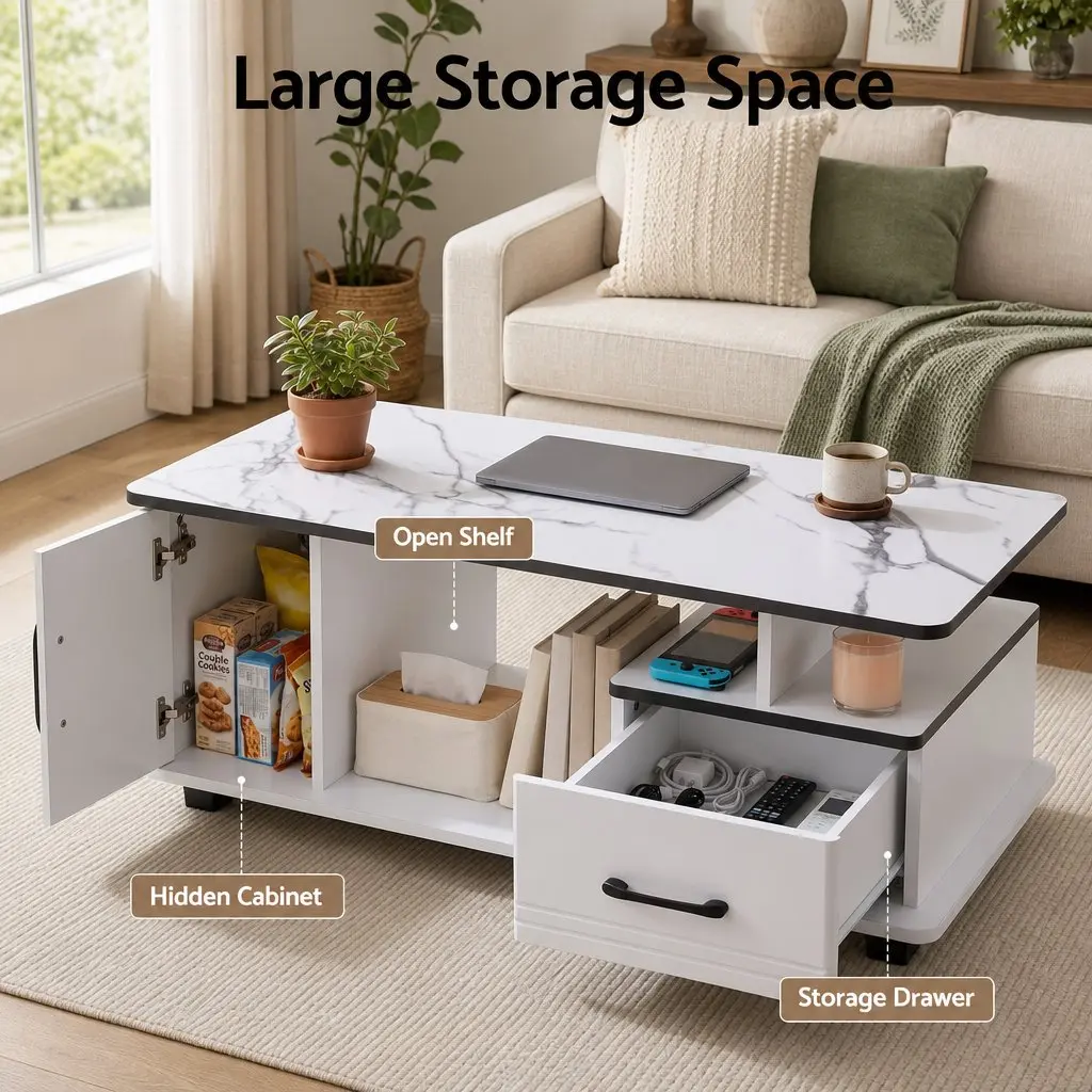 Coffee Table Living Room 100cm x 48cm x 41cm White Marble Top with Storage Drawer and Open Shelves