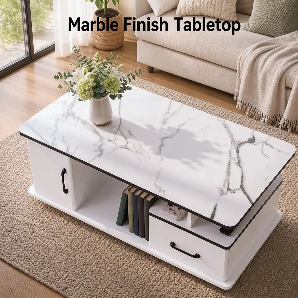 Coffee Table Living Room 100cm x 48cm x 41cm White Marble Top with Storage Drawer and Open Shelves