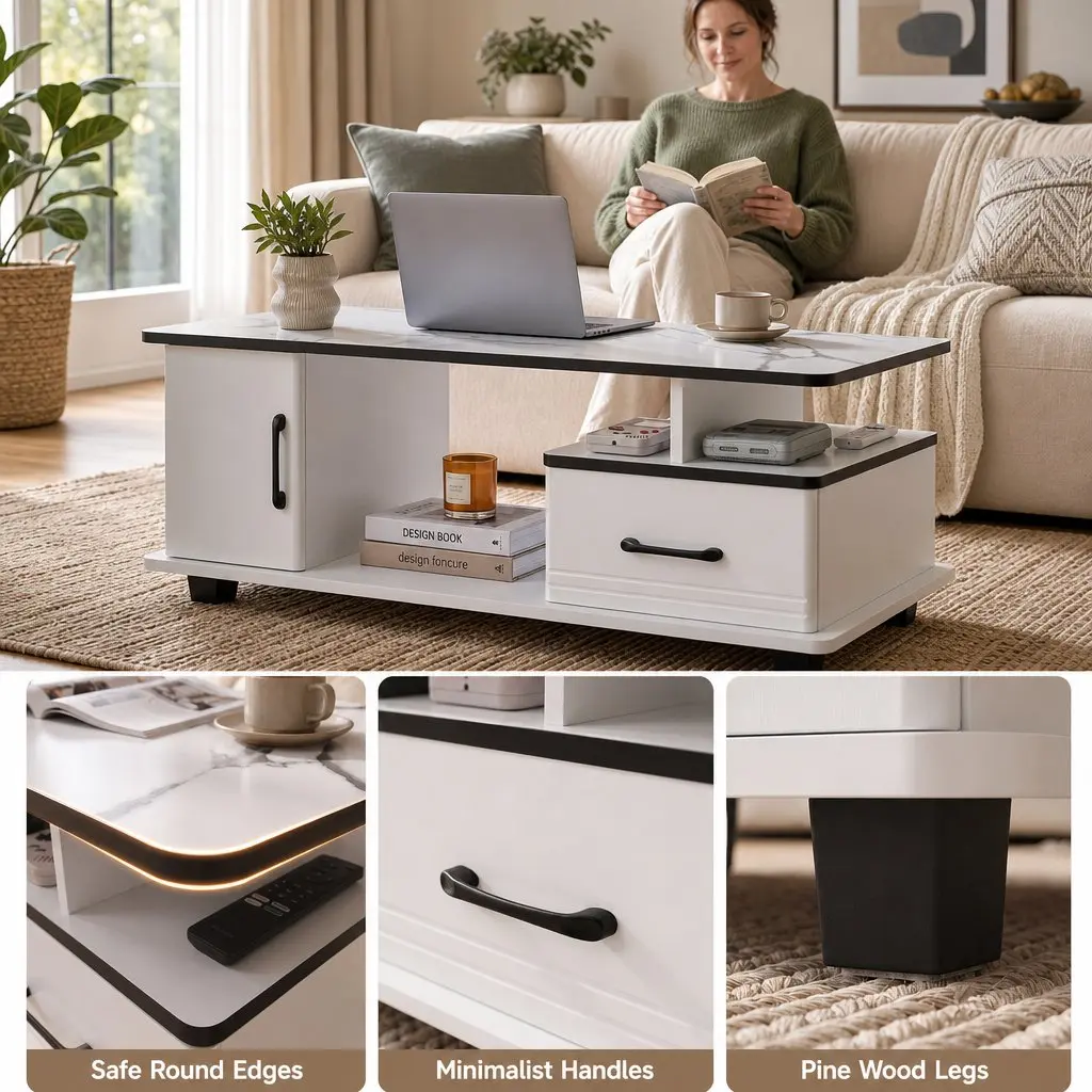 Coffee Table Living Room 100cm x 48cm x 41cm White Marble Top with Storage Drawer and Open Shelves