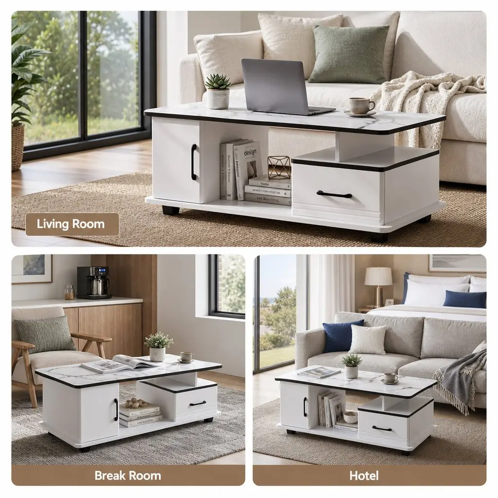 Coffee Table Living Room 100cm x 48cm x 41cm White Marble Top with Storage Drawer and Open Shelves