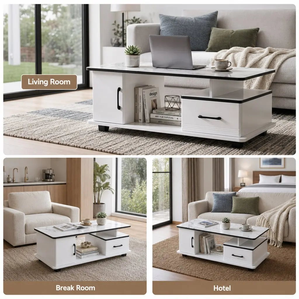 Coffee Table Living Room 100cm x 48cm x 41cm White Marble Top with Storage Drawer and Open Shelves