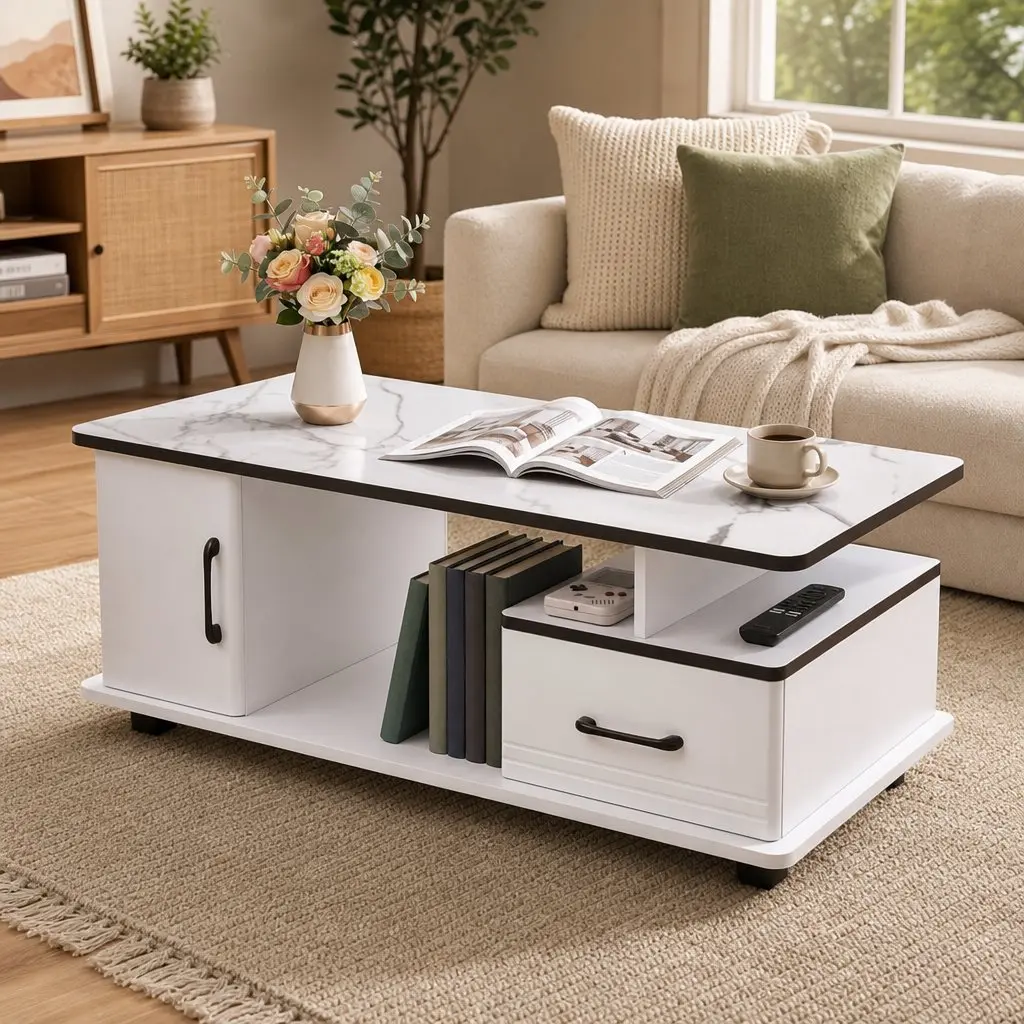 Coffee Table Living Room 100cm x 48cm x 41cm White Marble Top with Storage Drawer and Open Shelves