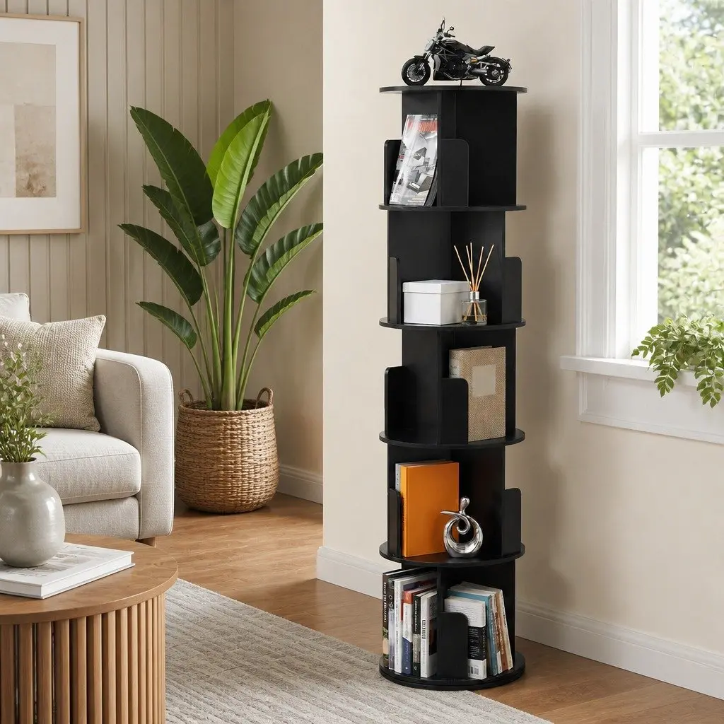 5 Tier Round Rotating Bookshelf Swivel Display Stand Storage Shelves Black