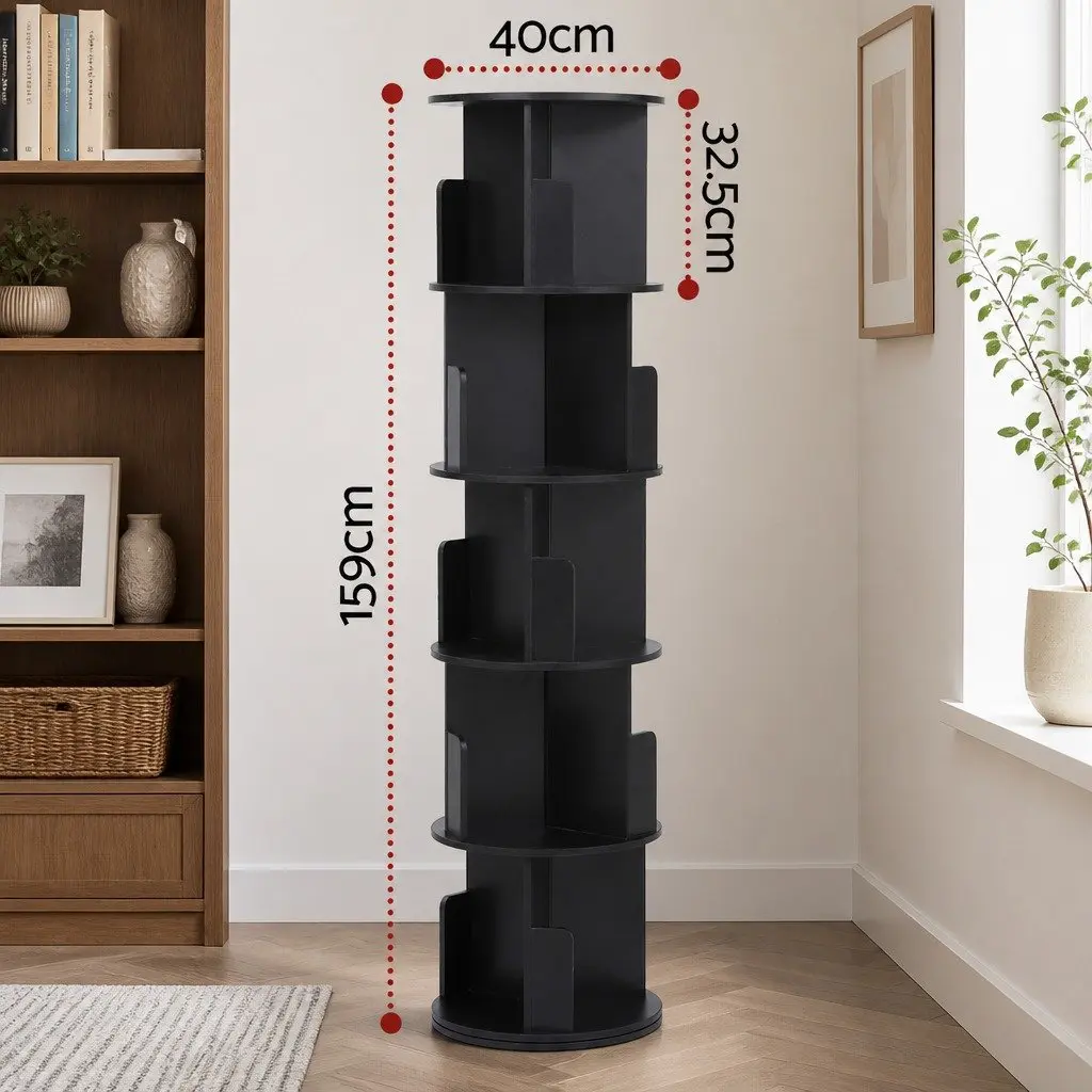5 Tier Rotating Bookshelf Swivel Display Stand for Living Room Black