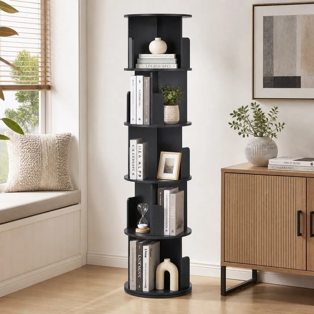 5 Tier Rotating Bookshelf Swivel Display Stand for Living Room Black