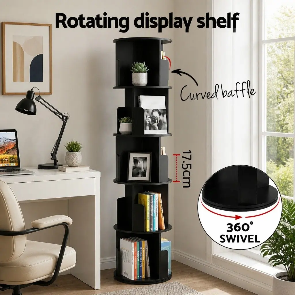 5 Tier Rotating Bookshelf Swivel Display Stand for Living Room Black