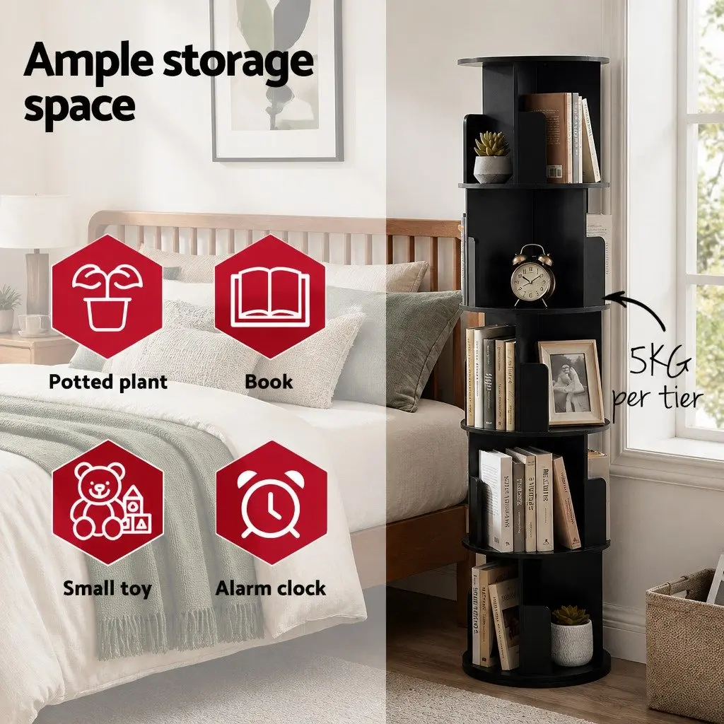 5 Tier Rotating Bookshelf Swivel Display Stand for Living Room Black