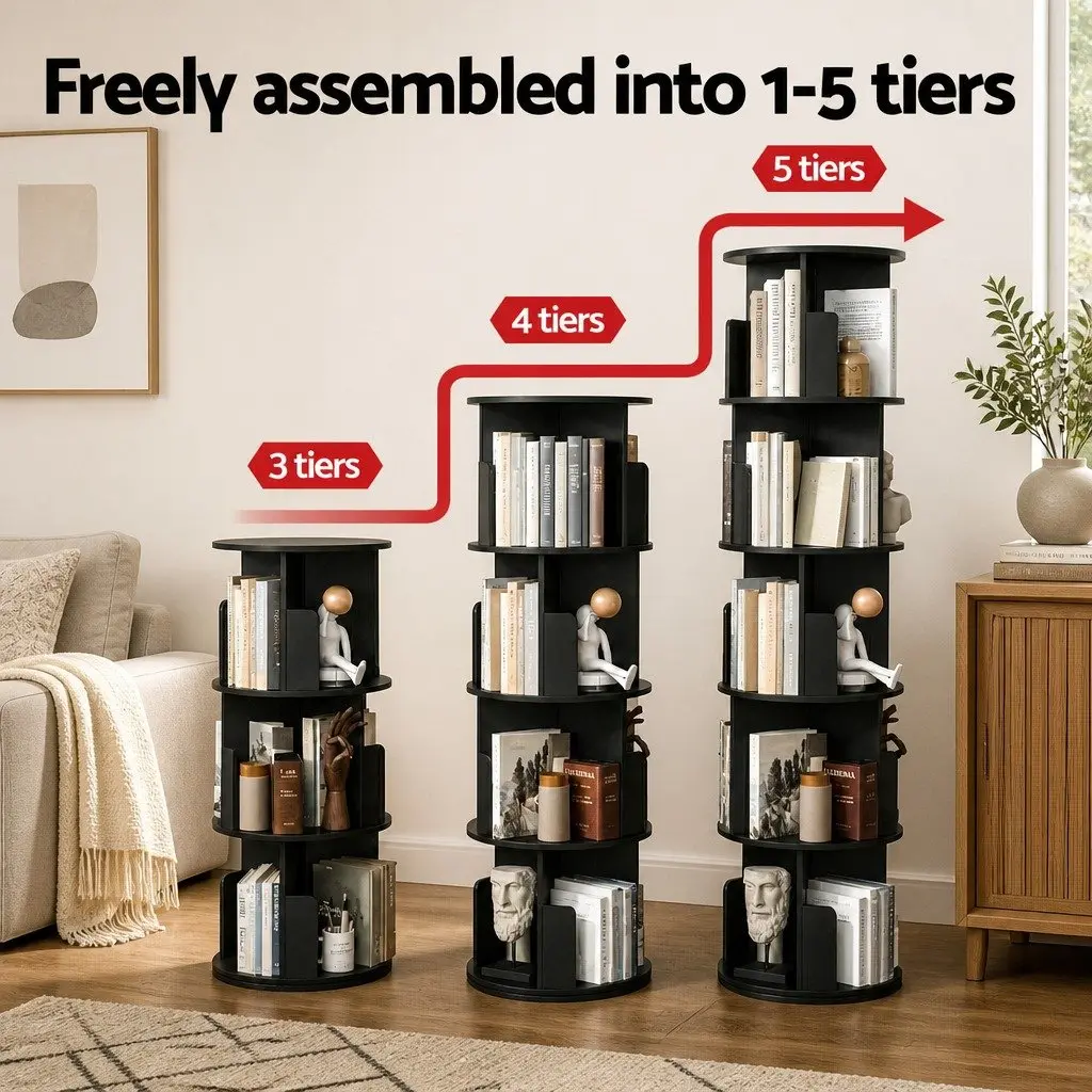 5 Tier Rotating Bookshelf Swivel Display Stand for Living Room Black