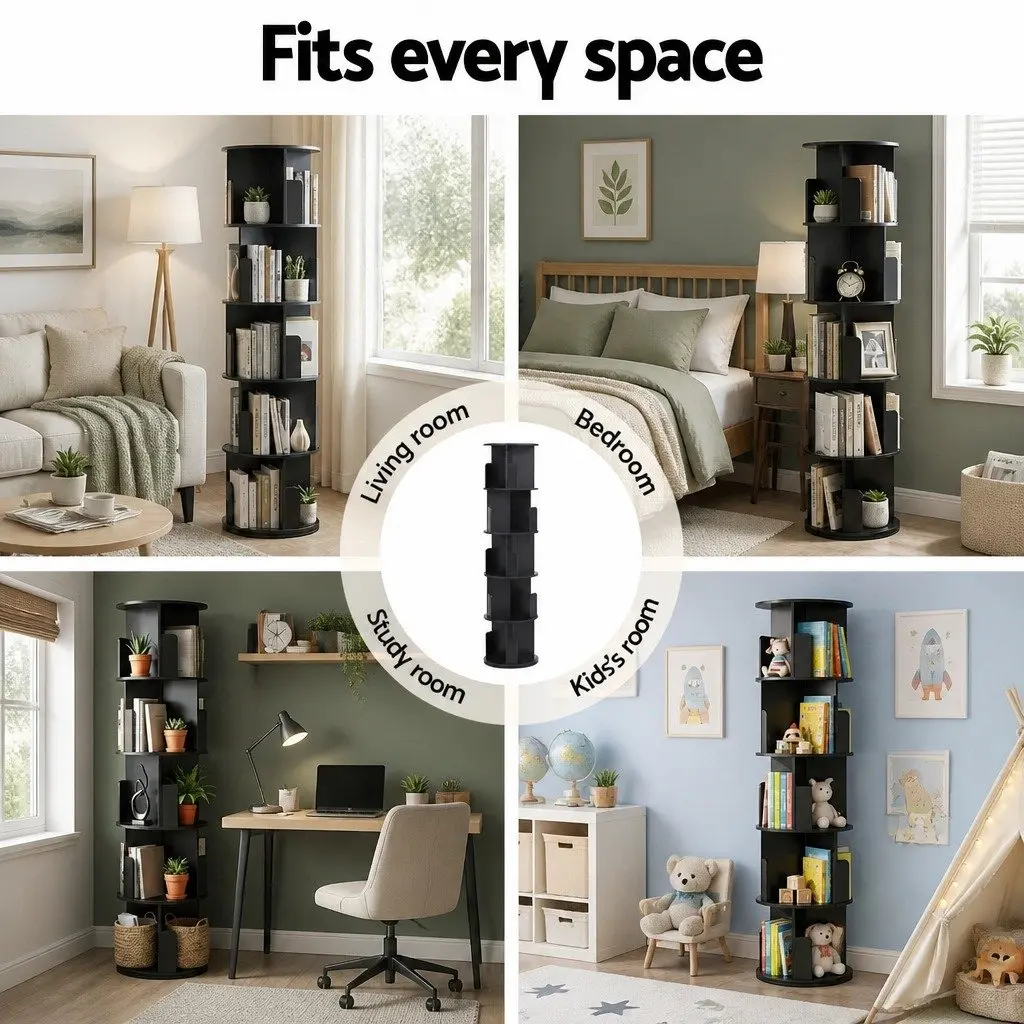5 Tier Rotating Bookshelf Swivel Display Stand for Living Room Black