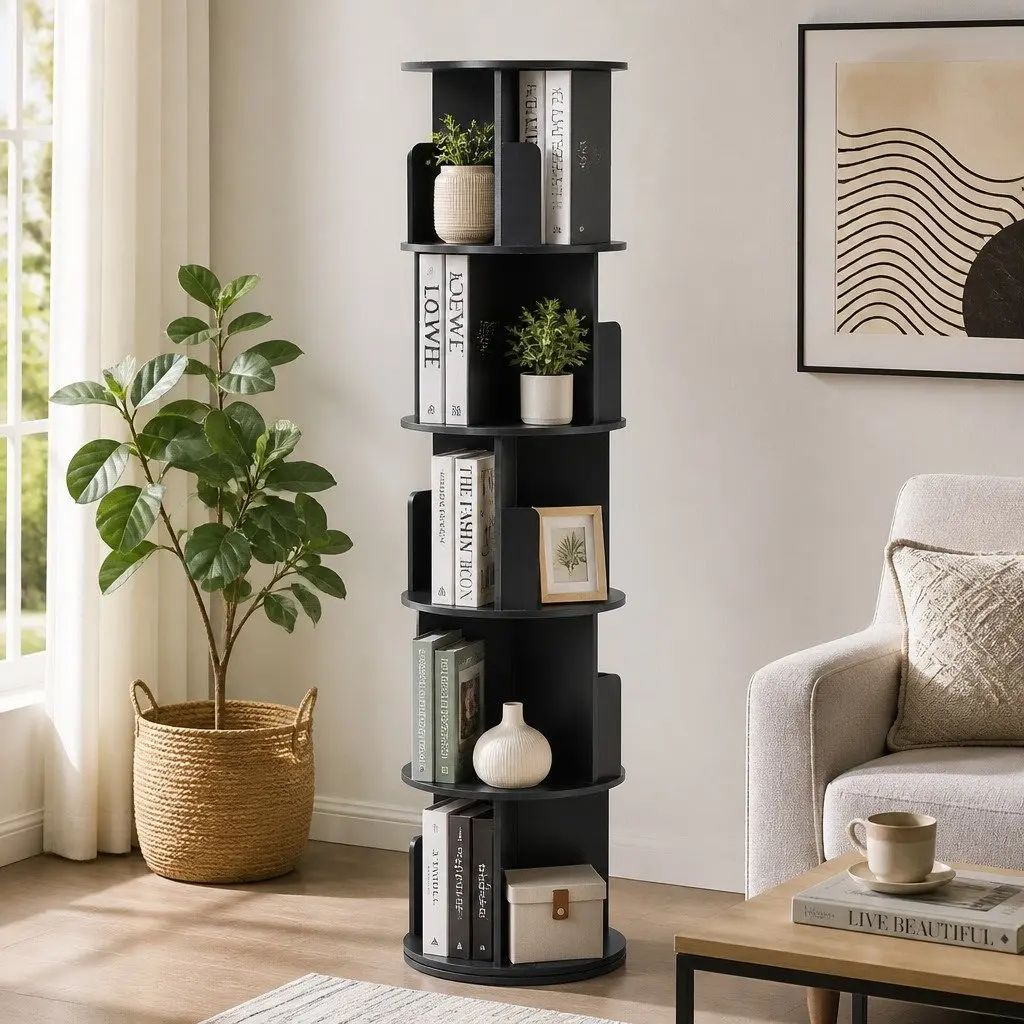5 Tier Rotating Bookshelf Swivel Display Stand for Living Room Black