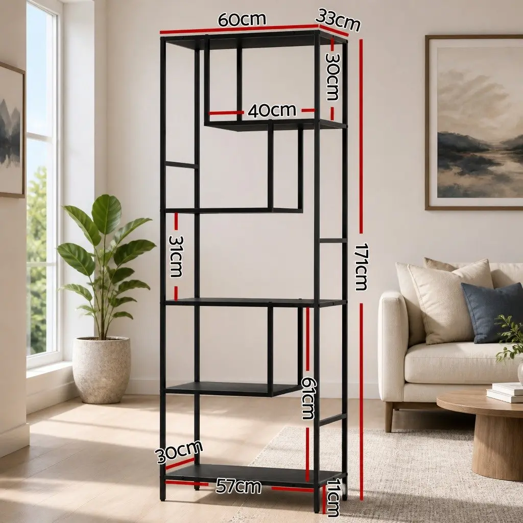 5-Tier Black Display Shelf Industrial Storage Bookcase Home Organisation Unit
