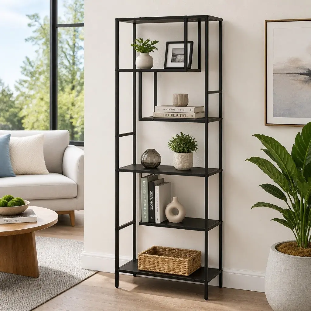 5-Tier Black Display Shelf Industrial Storage Bookcase Home Organisation Unit