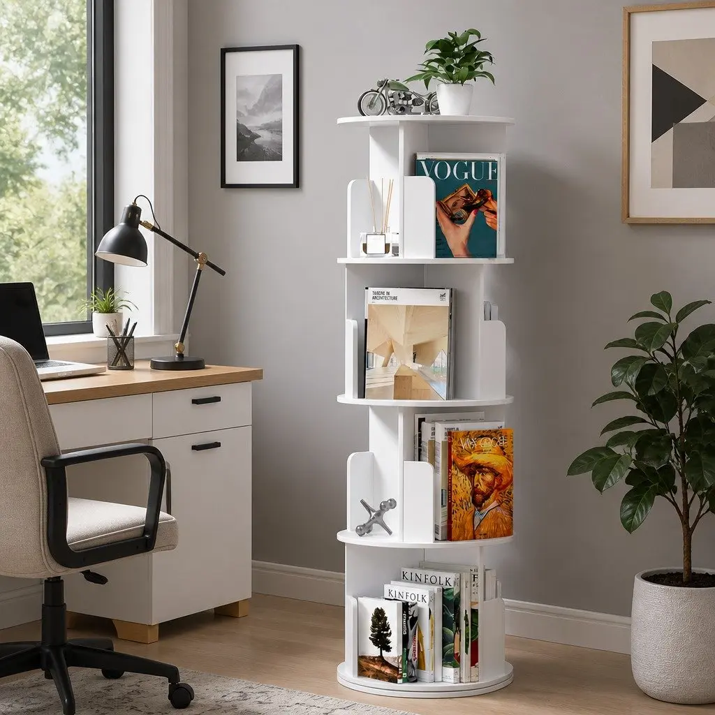 4 Tier Rotating Display Shelf White Storage Bookcase Swivel Stand Living Room