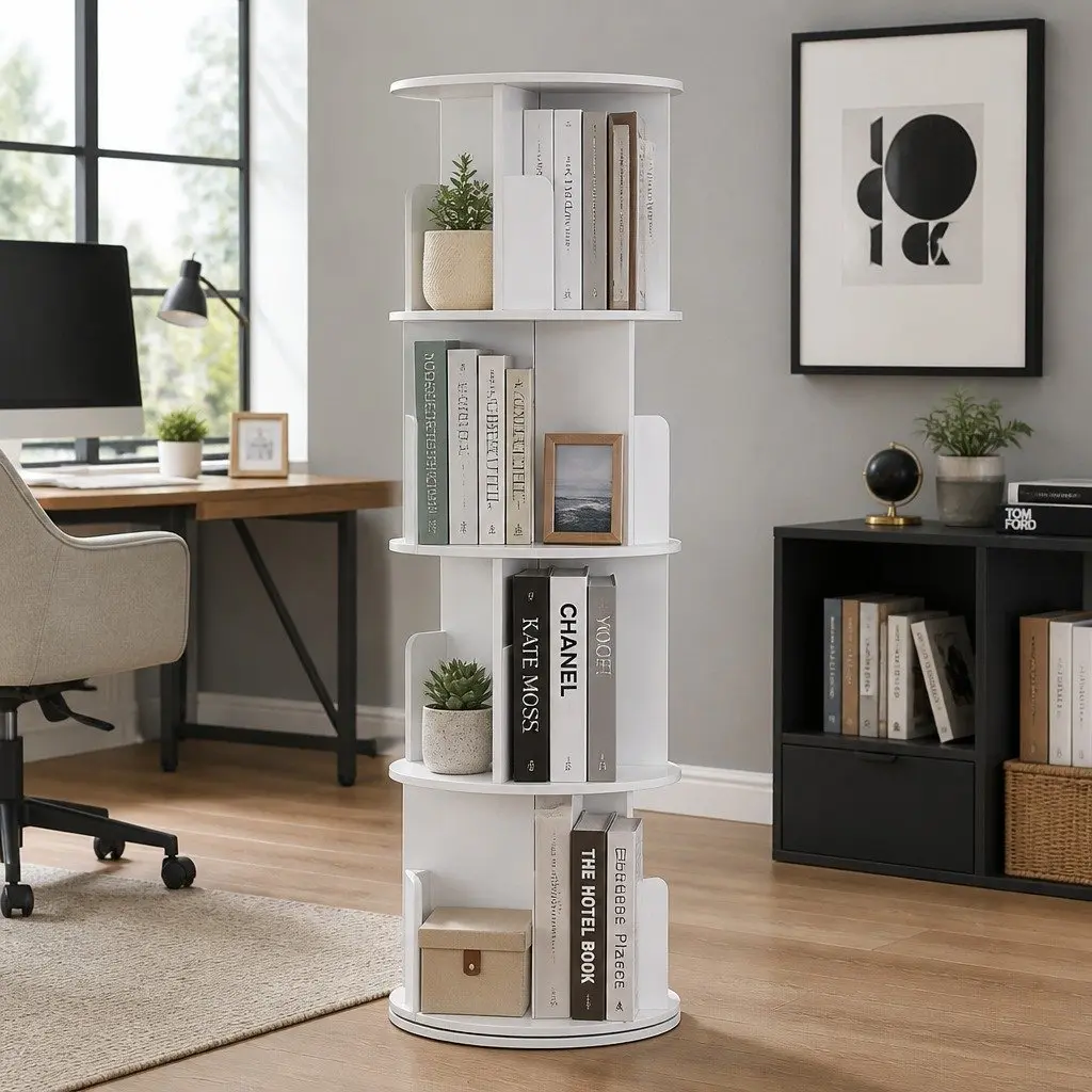 4 Tier Rotating Display Shelf White Storage Bookcase Swivel Stand Living Room