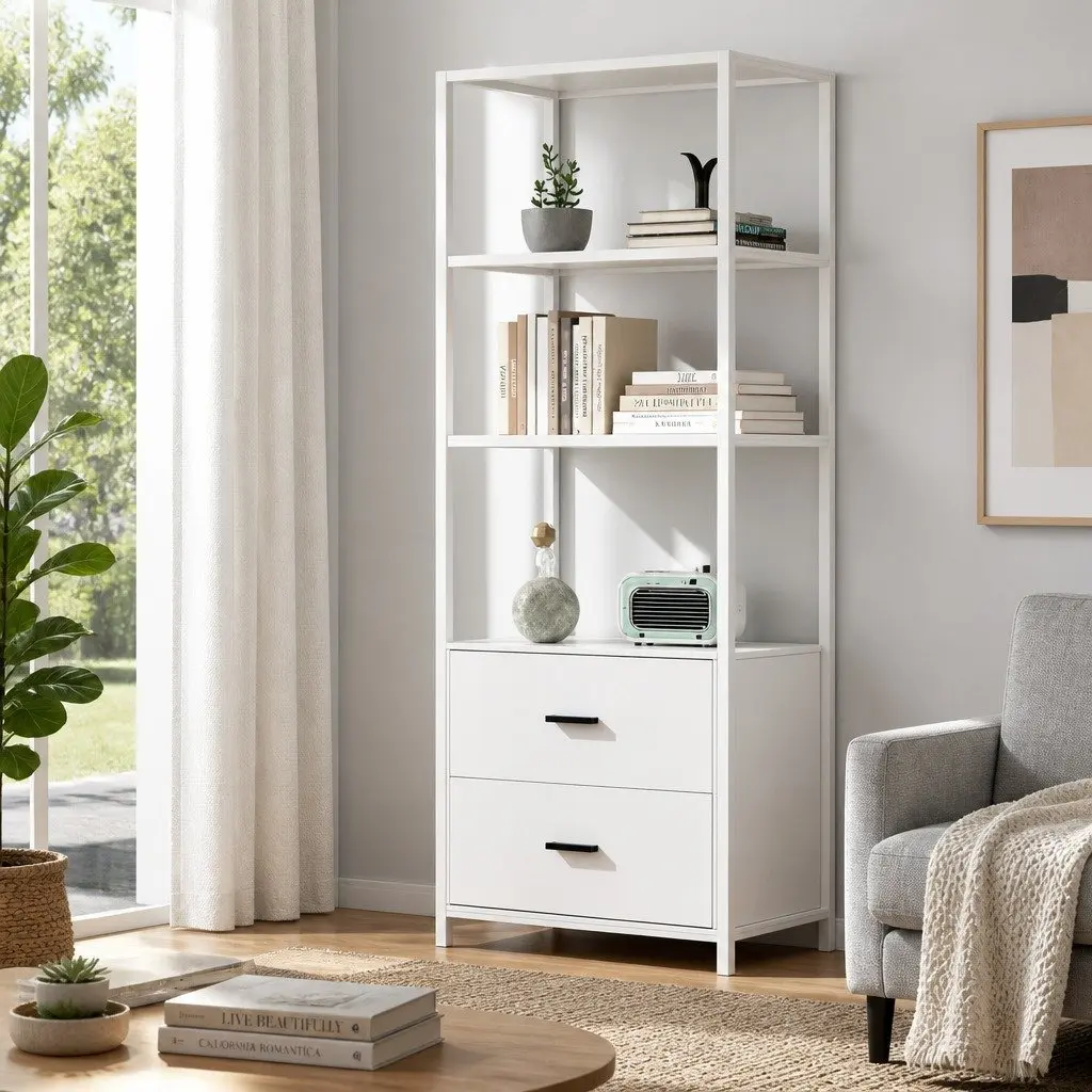Bookshelf Display Shelf Living Room 152CM White 3 Tier with 2 Drawers Storage Bookcase