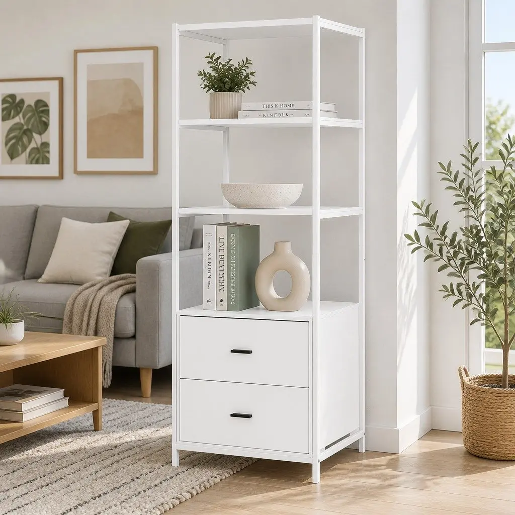 Bookshelf Display Shelf Living Room 152CM White 3 Tier with 2 Drawers Storage Bookcase