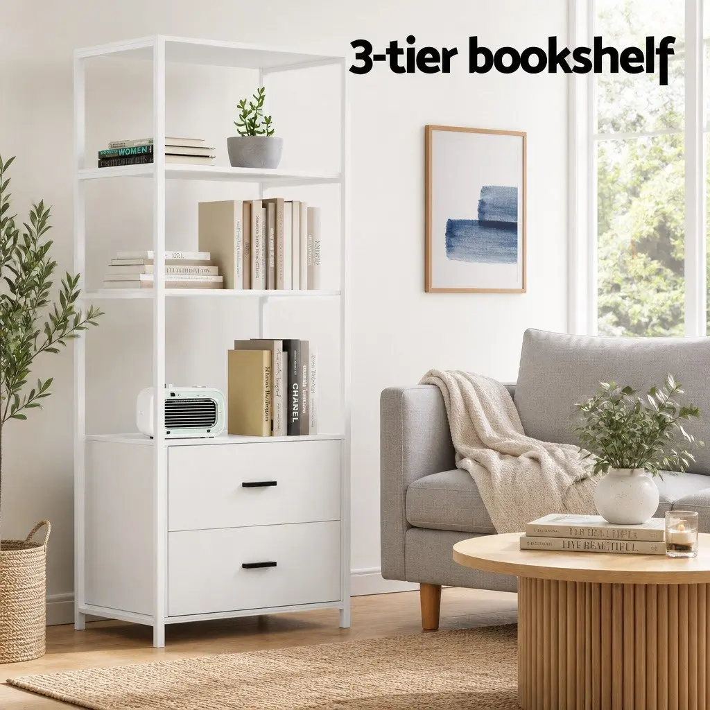 Bookshelf Display Shelf Living Room 152CM White 3 Tier with 2 Drawers Storage Bookcase