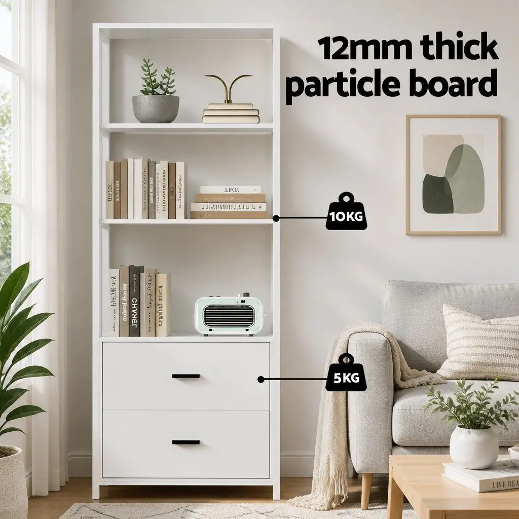 Bookshelf Display Shelf Living Room 152CM White 3 Tier with 2 Drawers Storage Bookcase