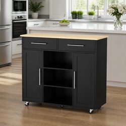 Kitchen Island Cart - 100cm Black with Drawers and Shelves