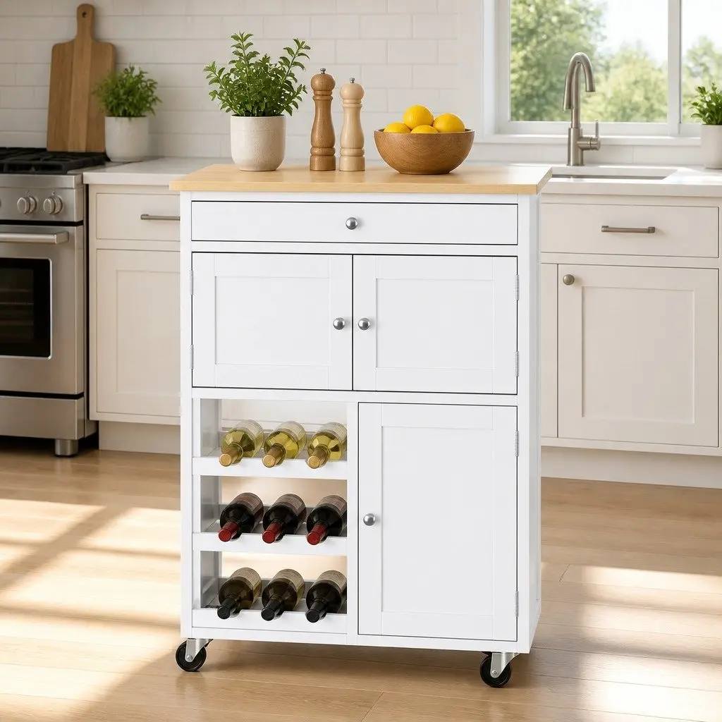Kitchen Island Trolley Serving Cart Mobile Storage White Oak 67cm x 38cm x 86.5cm