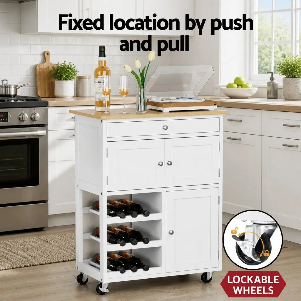 Kitchen Island Trolley Serving Cart Mobile Storage White Oak 67cm x 38cm x 86.5cm