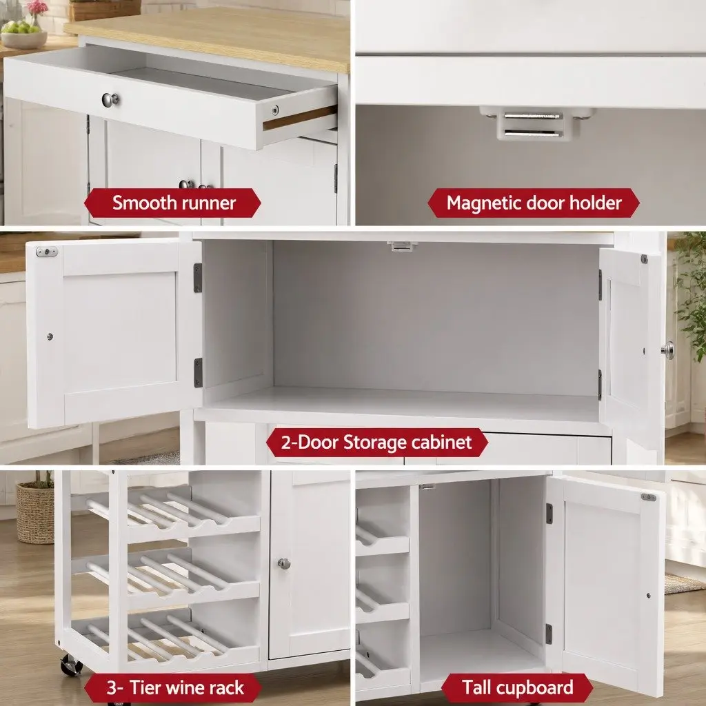 Kitchen Island Trolley Serving Cart Mobile Storage White Oak 67cm x 38cm x 86.5cm