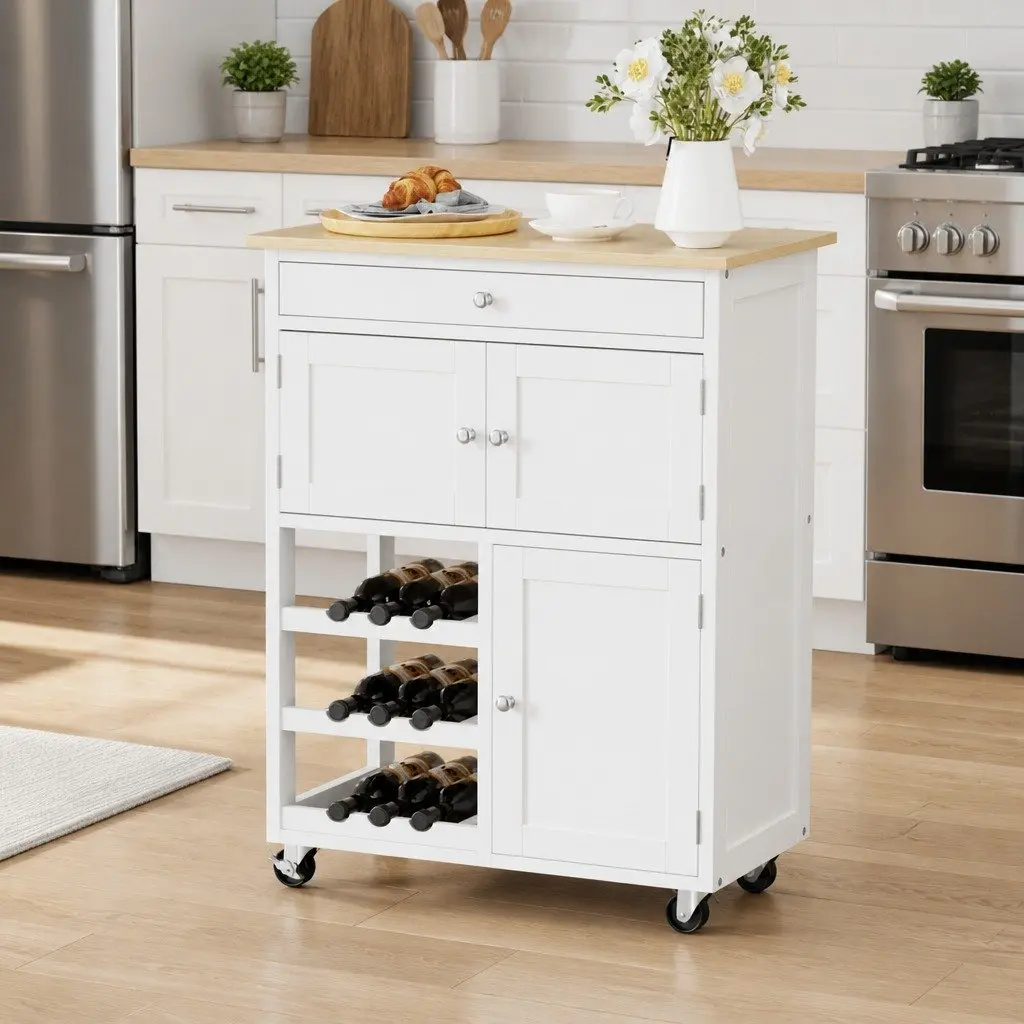 Kitchen Island Trolley Serving Cart Mobile Storage White Oak 67cm x 38cm x 86.5cm