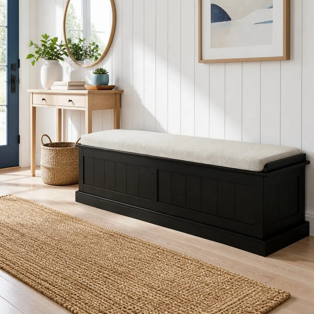 140cm Black Storage Ottoman with Hinged Lid