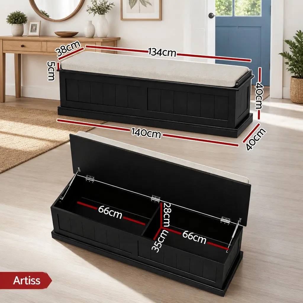 Storage Ottoman Living Room 140cm Fluted Black Hinged Lid Seat Footstool