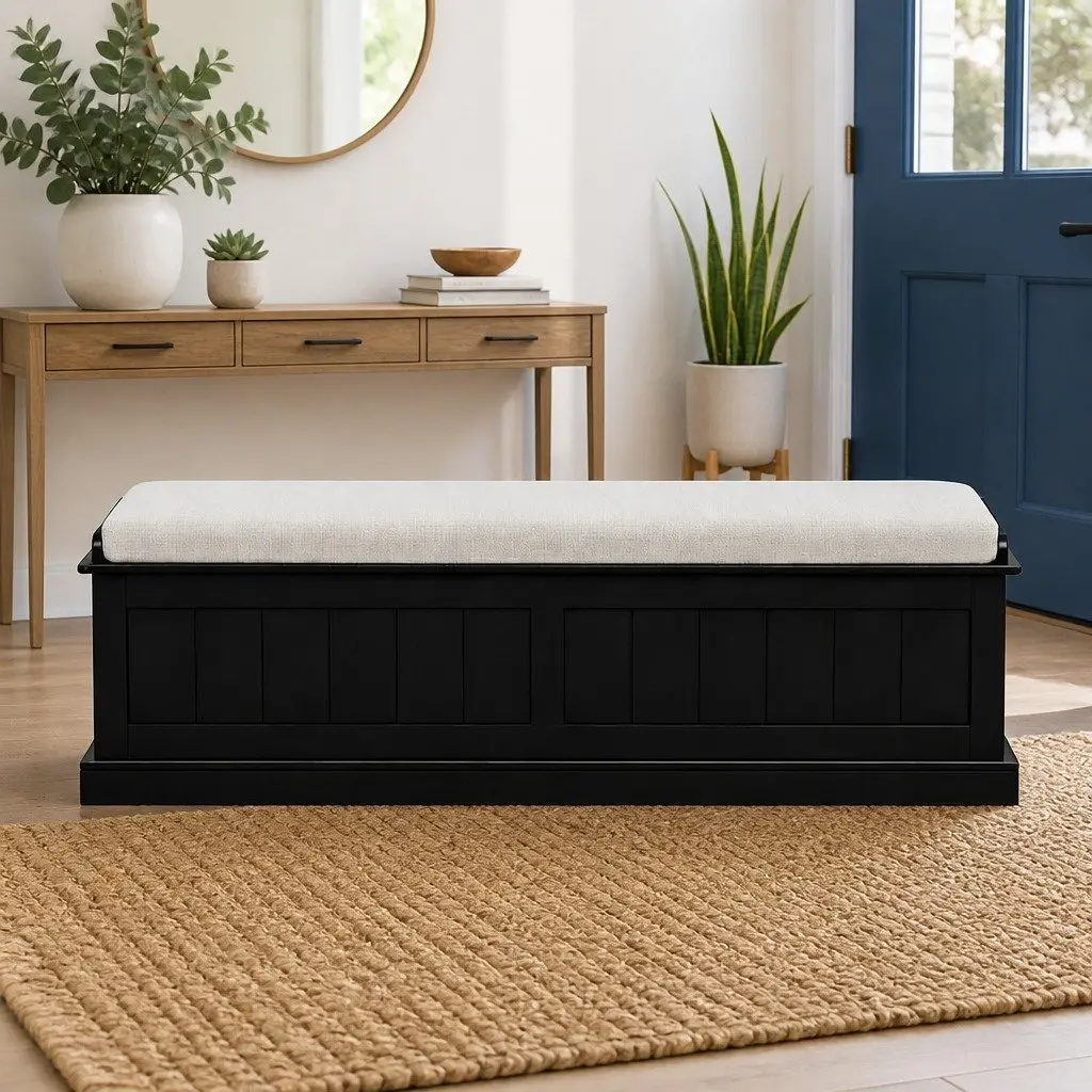 Storage Ottoman Living Room 140cm Fluted Black Hinged Lid Seat Footstool