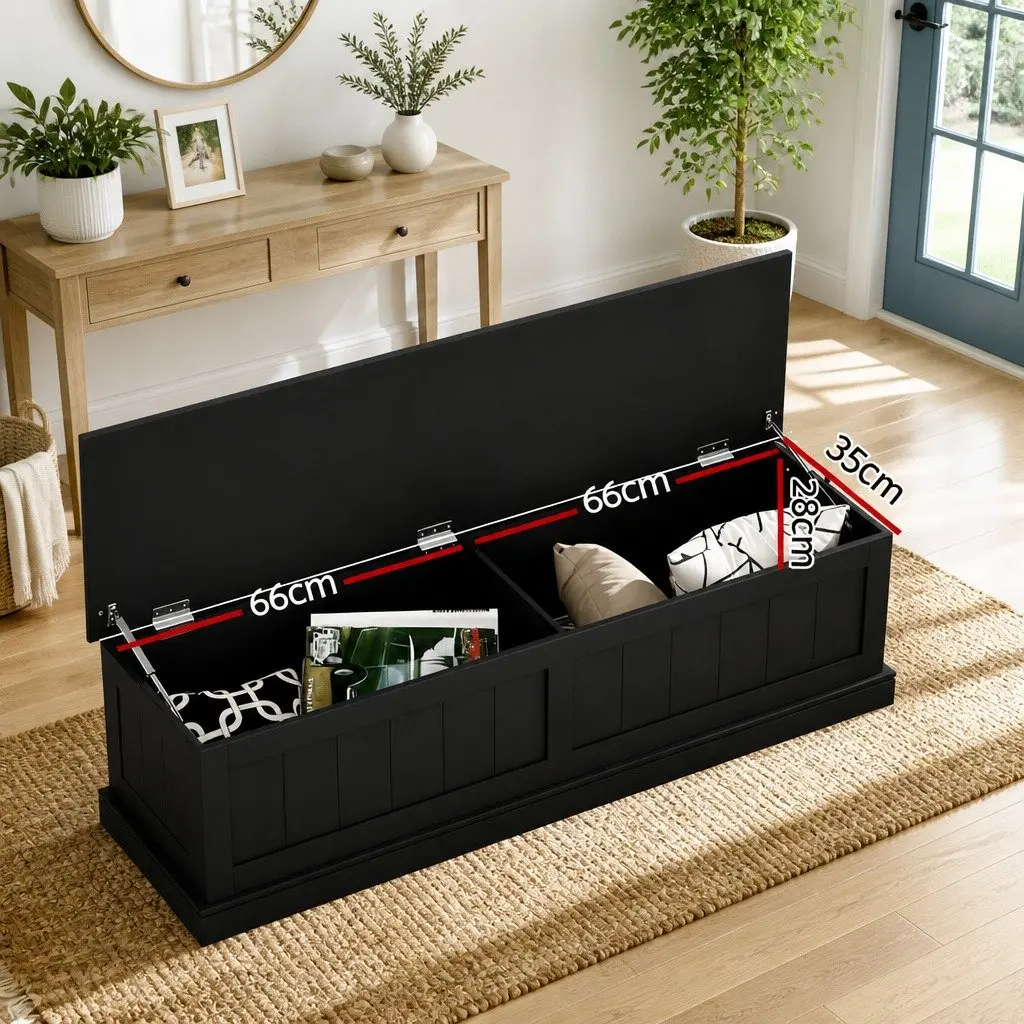 Storage Ottoman Living Room 140cm Fluted Black Hinged Lid Seat Footstool