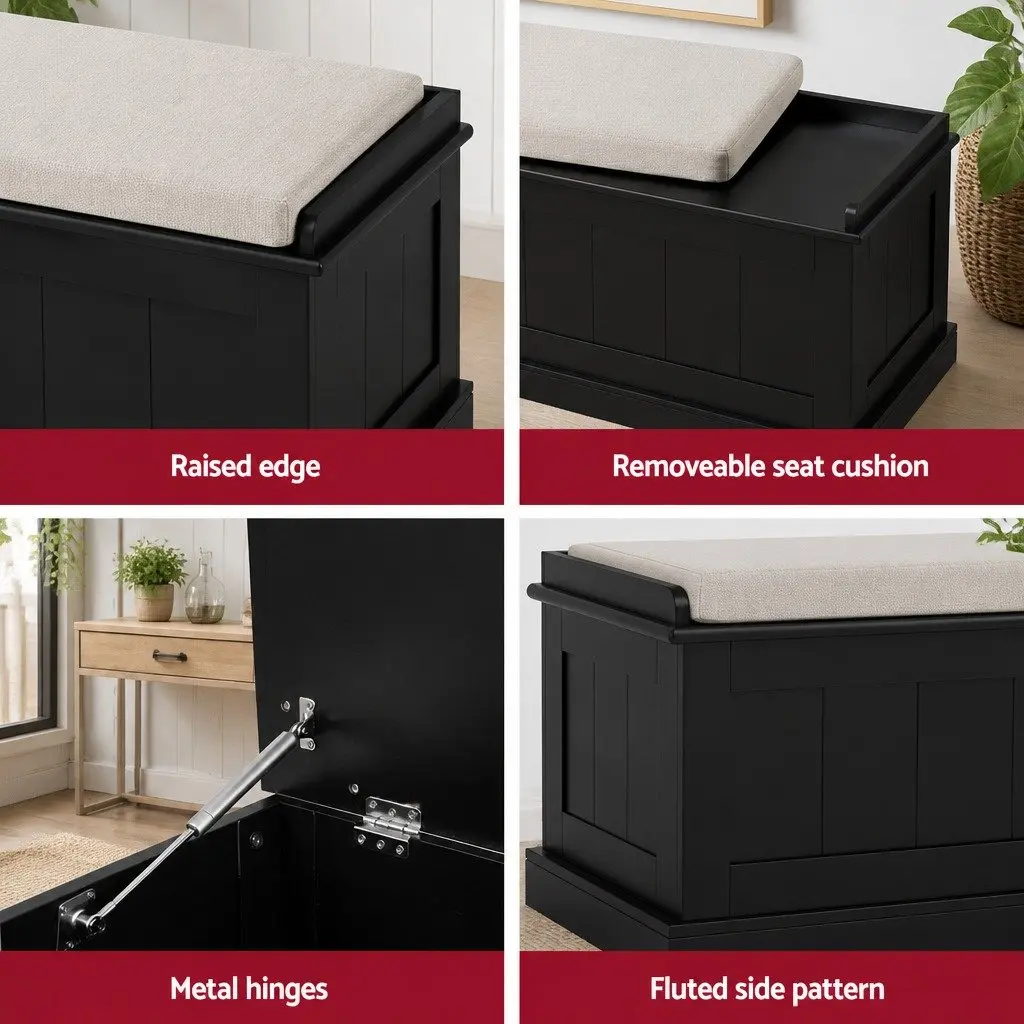 Storage Ottoman Living Room 140cm Fluted Black Hinged Lid Seat Footstool