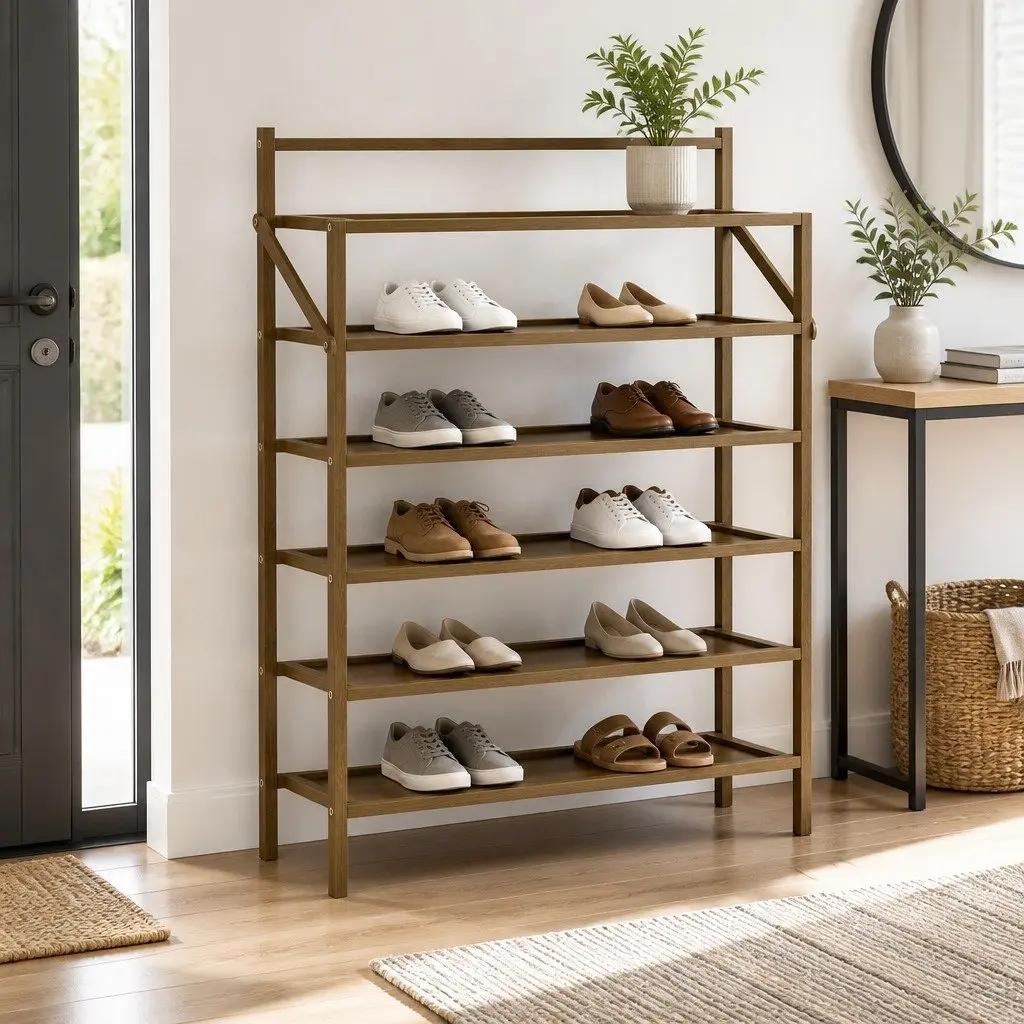 6-Tier Foldable Bamboo Shoe Rack Oak Storage Organizer Living Room 90.5cm Height