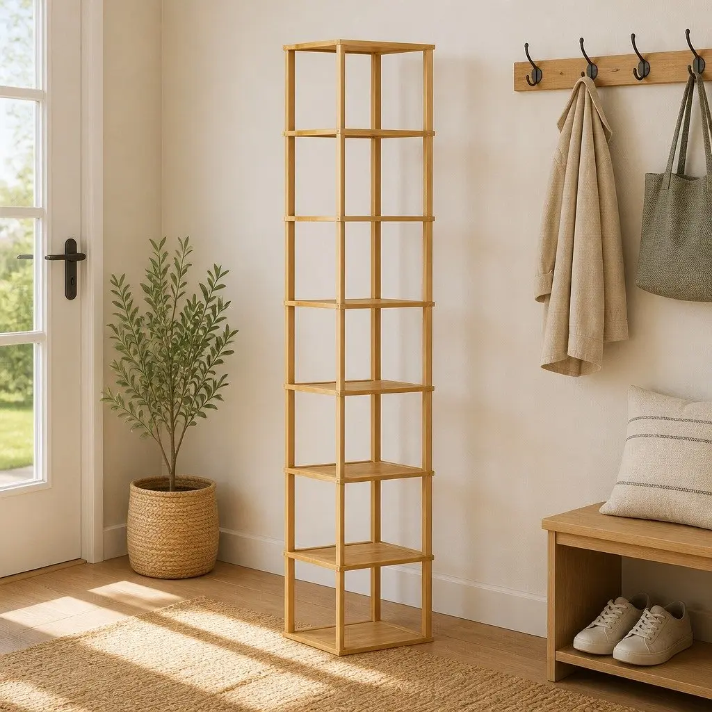 8-Tier Shoe Rack Stackable Storage Organizer for Home Pine Wood Frame
